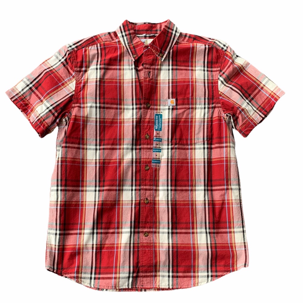 Carhartt Shirt Mens Medium M Relaxed Fit Red Plaid Button Short Sleeve Work Good
